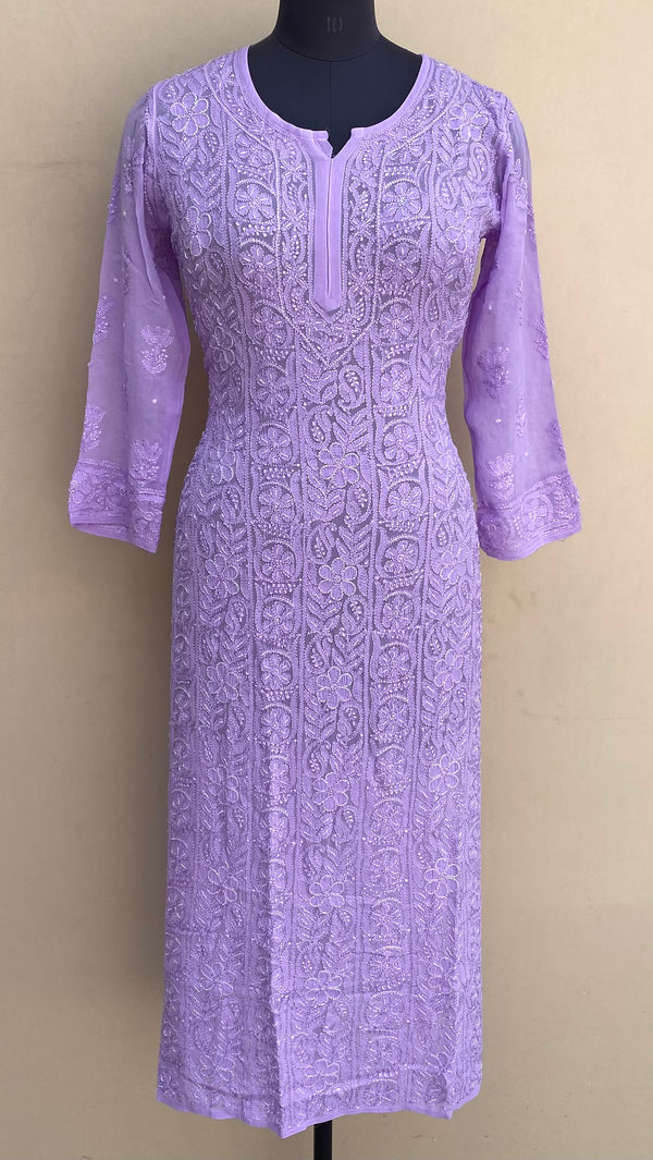 Lucknowi Chikankari Kurti Purple Pure Georgette With Resham , Cutdana Work