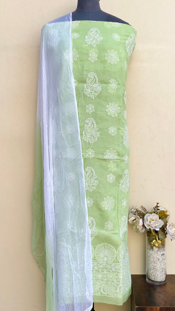 Lucknowi Chikankari Suit Length 3 Piece Green Cotton