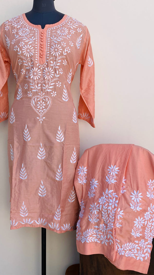 Lucknowi Chikankari Co-ord Set Peach Muslin Cotton