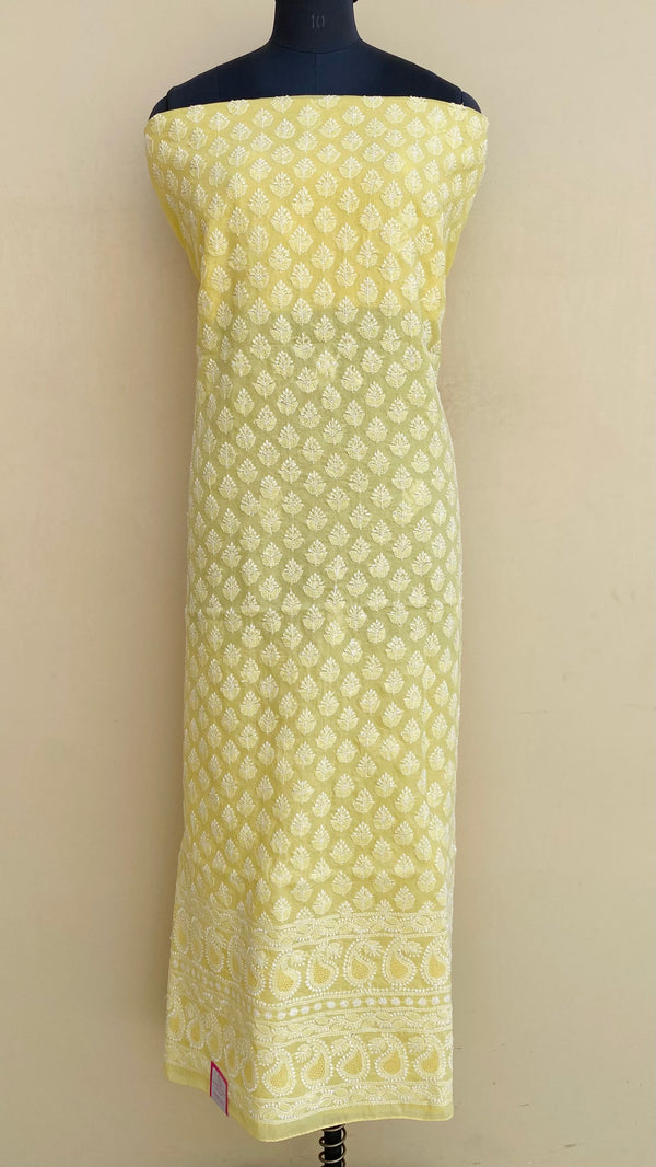 Lucknowi Chikankari Kurta Length Yellow Cotton With Jaali Work