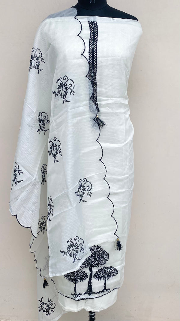 Designer Embroidered Suit Length 3 Piece White Kota