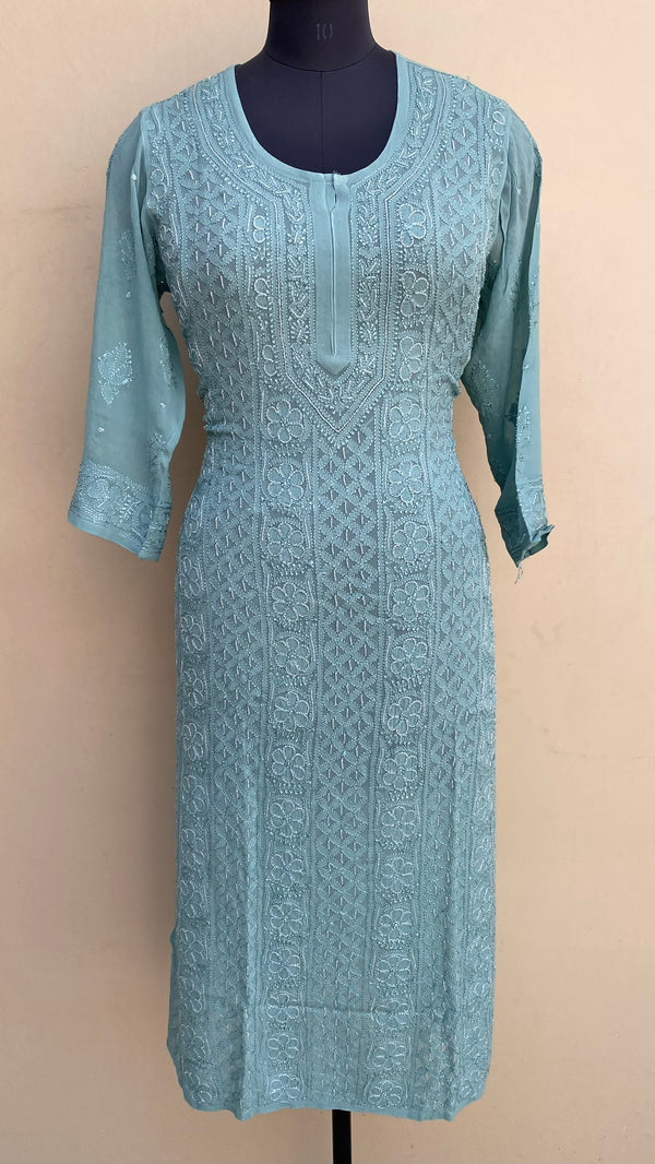 Lucknowi Chikankari Kurti Teal Green Pure Georgette With Resham , Cutdana Work