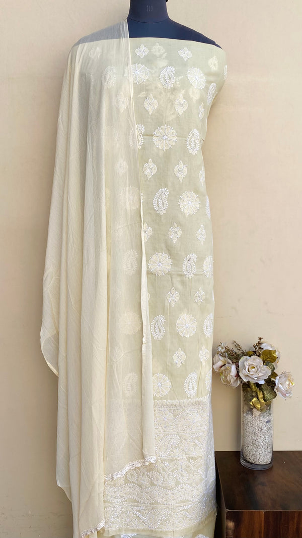 Lucknowi Chikankari Suit Length 3 Piece Beige Cotton