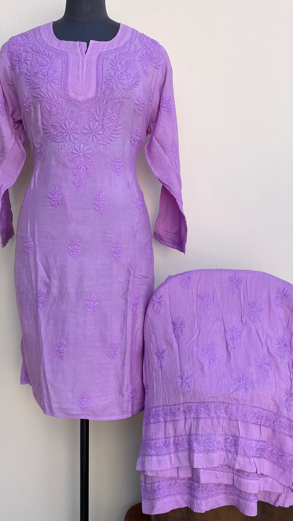 Lucknowi Chikankari Co-ord Set Purple Muslin Cotton With Self Work