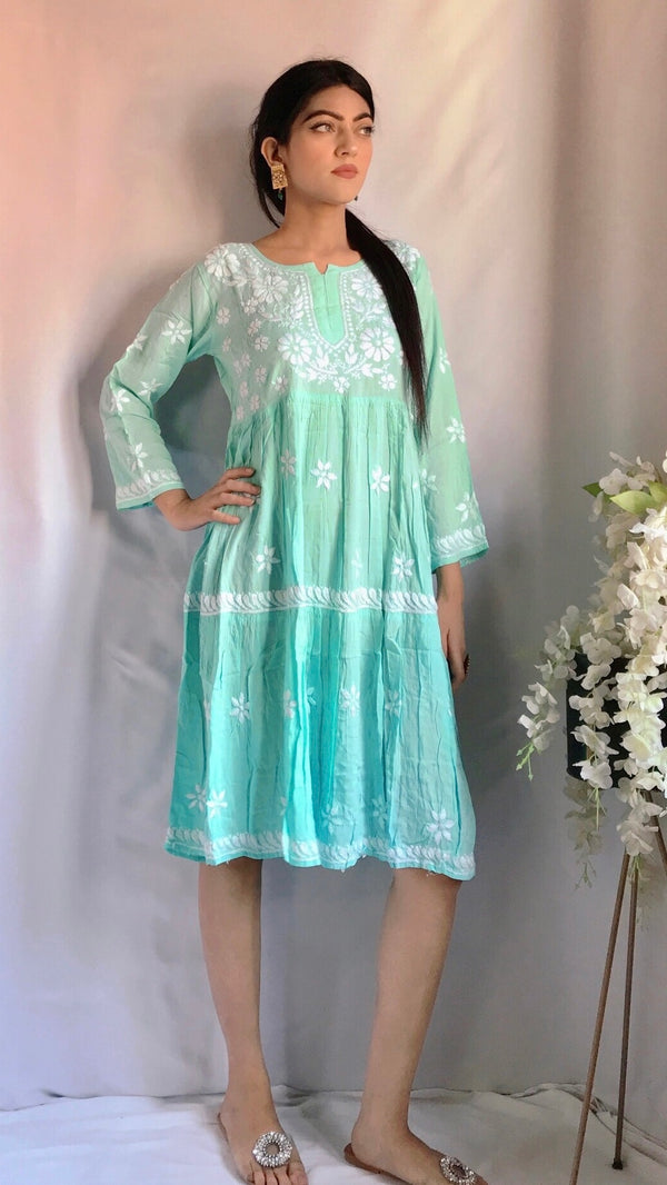 Lucknowi Chikankari Dress Sea Green Soft Modal Cotton