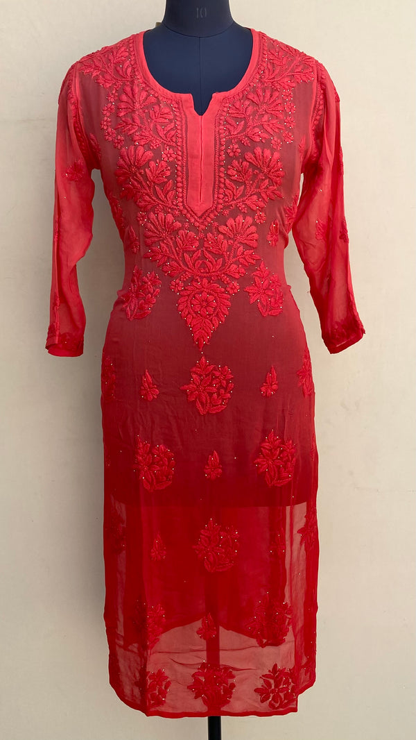 Lucknowi Chikankari  Ombre Kurti Red Pure Georgette With Mukaish & Self 3D Work