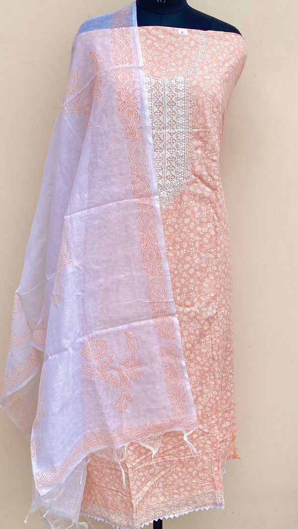 Designer Embroidered Suit Length 3 Piece Peach Linen
