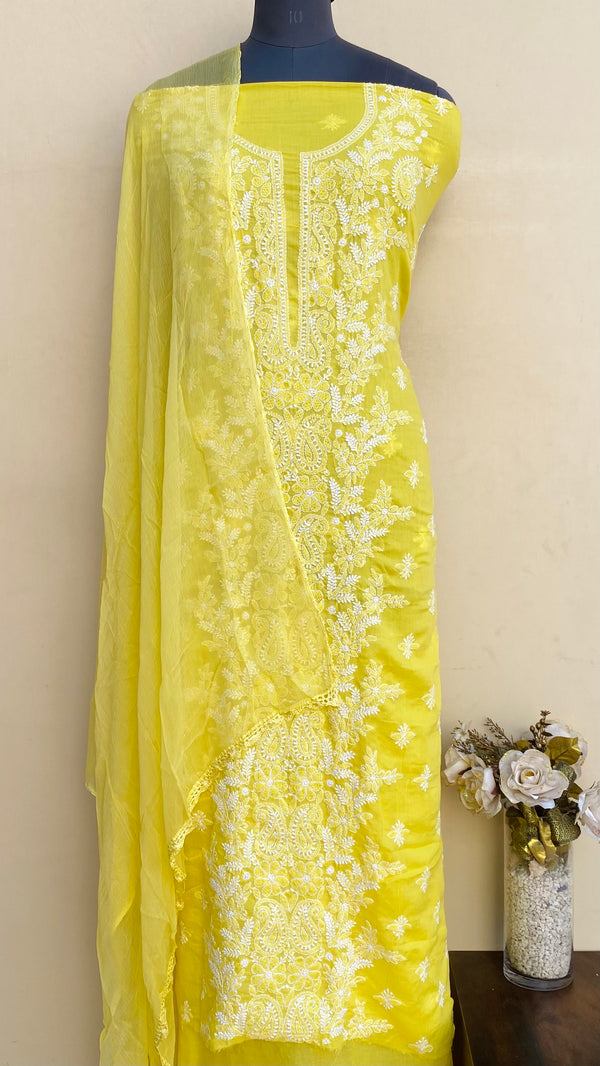 Lucknowi Chikankari Suit Length 3 Piece Yellow Mulmul Cotton