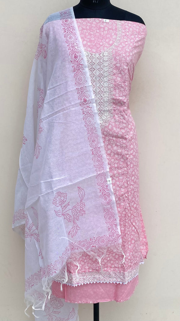 Designer Embroidered Suit Length 3 Piece Pink Linen