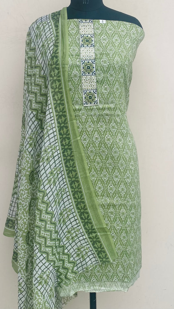 Designer Embroidered Suit Length 3 Piece Green Mal Cotton With Sequence Work