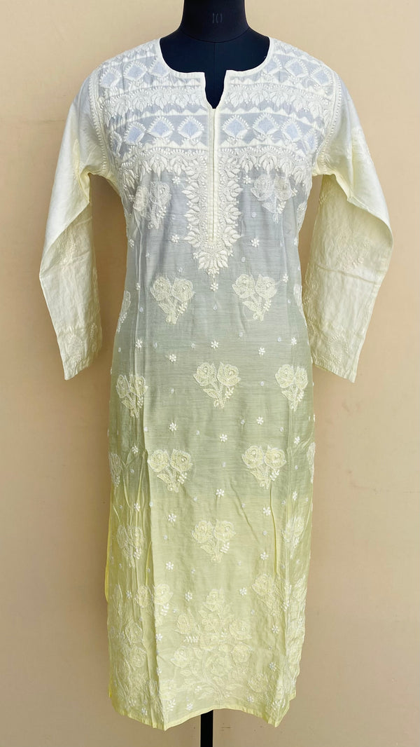 Lucknowi Chikankari  Ombre Kurti Lemon Yellow Muslin Cotton With Resham , Cutdana & Self 3D Work