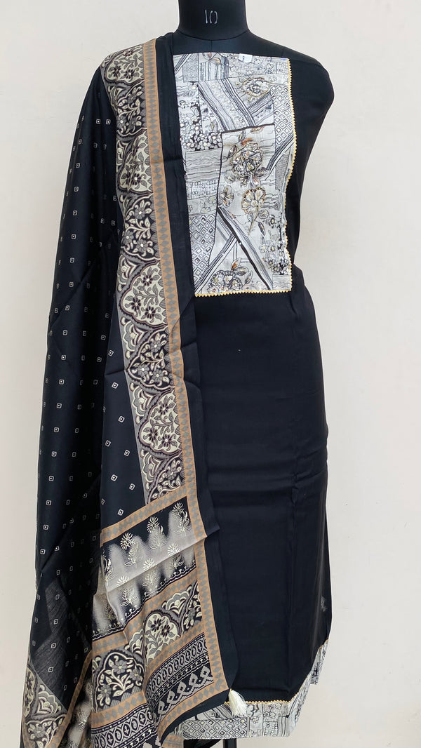 Designer Embroidered Suit Length 3 Piece Black Muslin Cotton With Pearl , Cutdana & Sequence Work