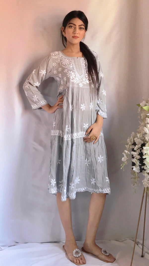 Lucknowi Chikankari Dress Gray Soft Modal Cotton