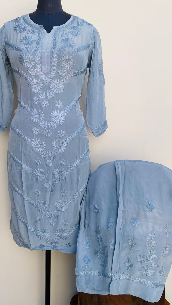 Lucknowi Chikankari Co-ord Set Gray Organza With Self Work