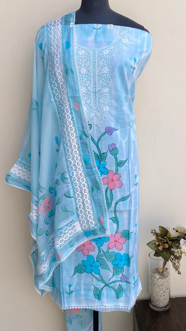 Designer Embroidered Suit Length 3 Piece Blue Mal Cotton With Sequence Work