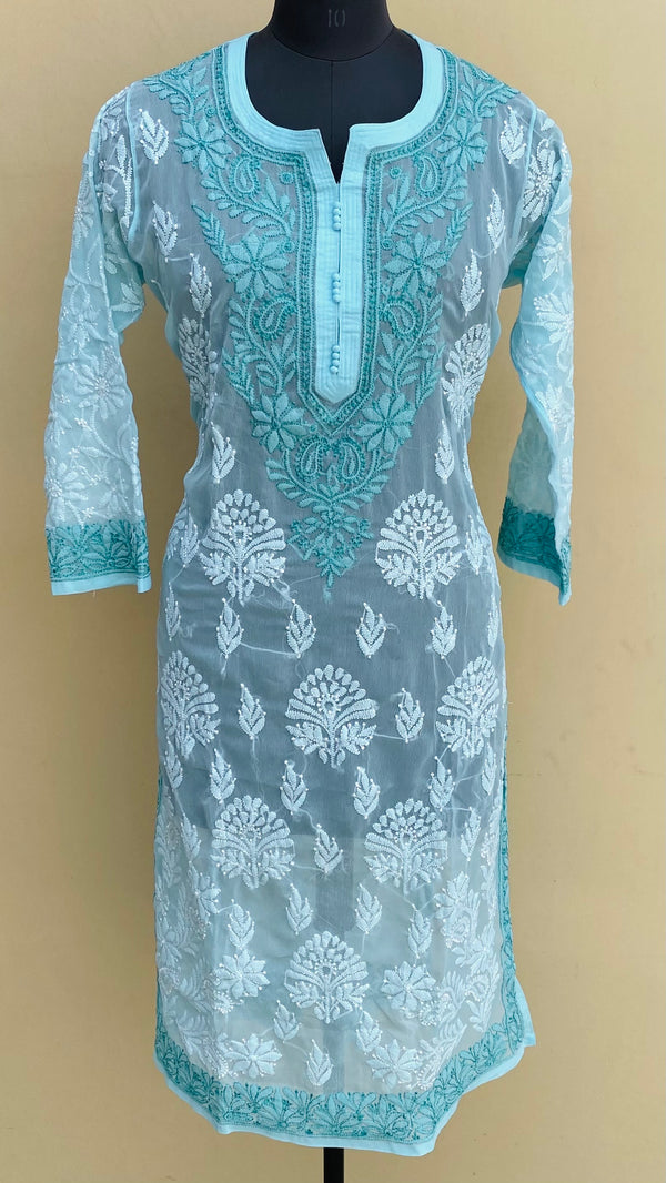 Lucknowi Chikankari Kurti Blue Georgette With Resham Work