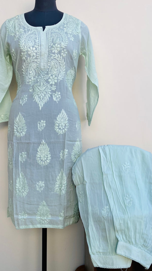 Lucknowi Chikankari Co-ord Set Mint Green Muslin Cotton With Self Work