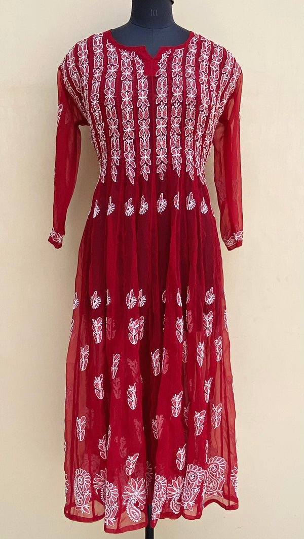 Lucknowi Chikankari Anarkali Kurti Maroon Georgette