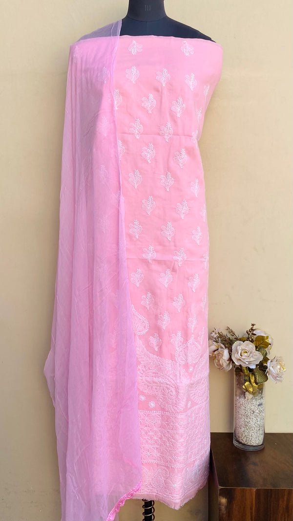 Lucknowi Chikankari Suit Length 3 Piece Pink Cotton