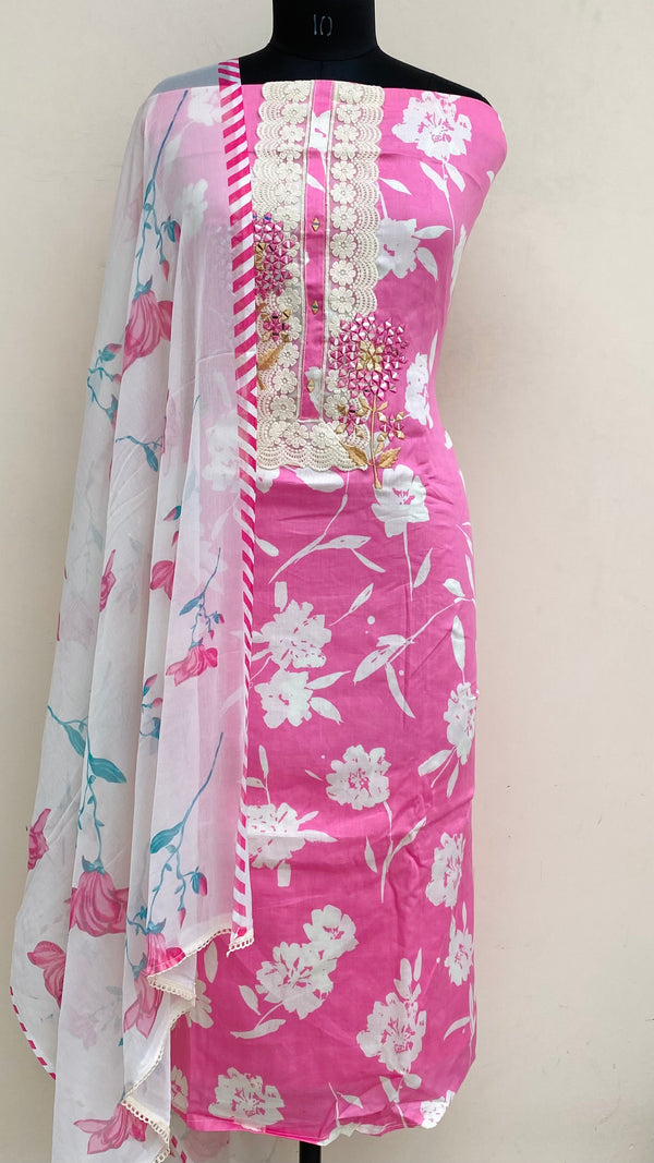 Designer Embroidered Suit Length 3 Piece Pink Muslin Cotton With Mirror Work
