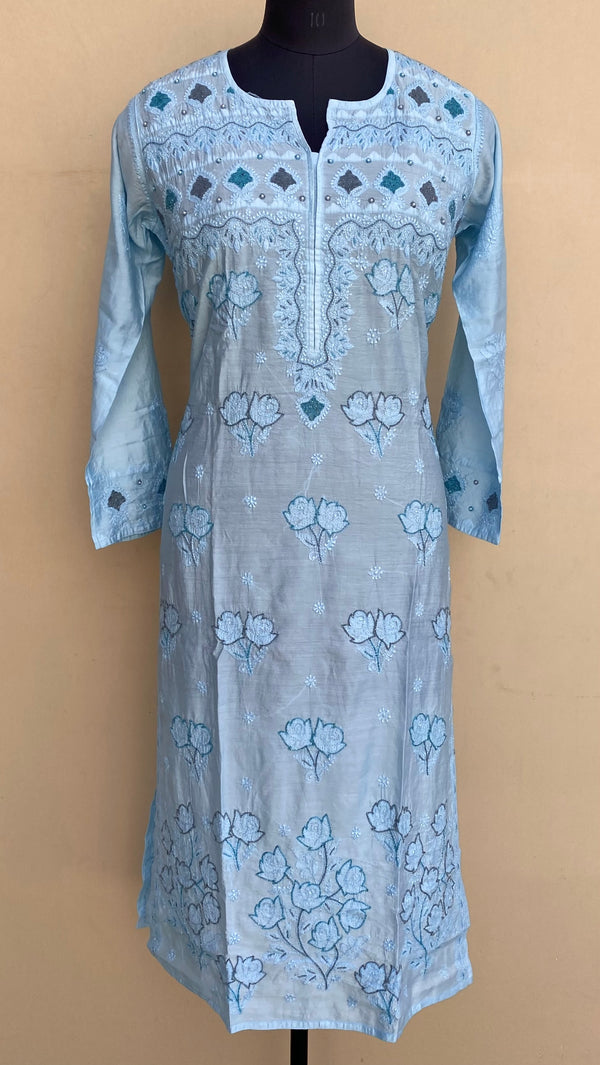 Lucknowi Chikankari Kurti Blue Muslin Cotton With Cutdana,Pearl, Resham & Applique Work