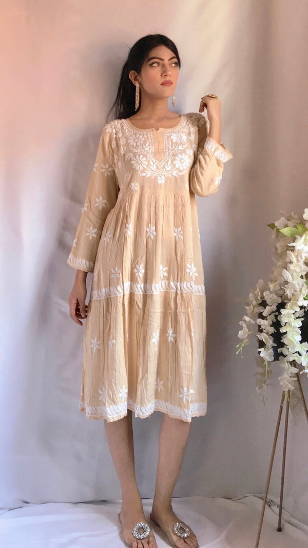 Lucknowi Chikankari Dress Beige Soft Modal Cotton