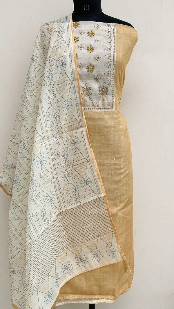 Designer Embroidered Suit Length 3 Piece Beige Linen With Sequence Work