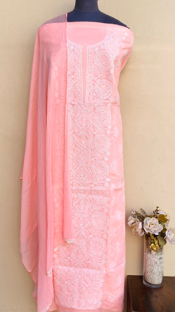 Lucknowi Chikankari Suit Length 3 Piece Peach Cotton