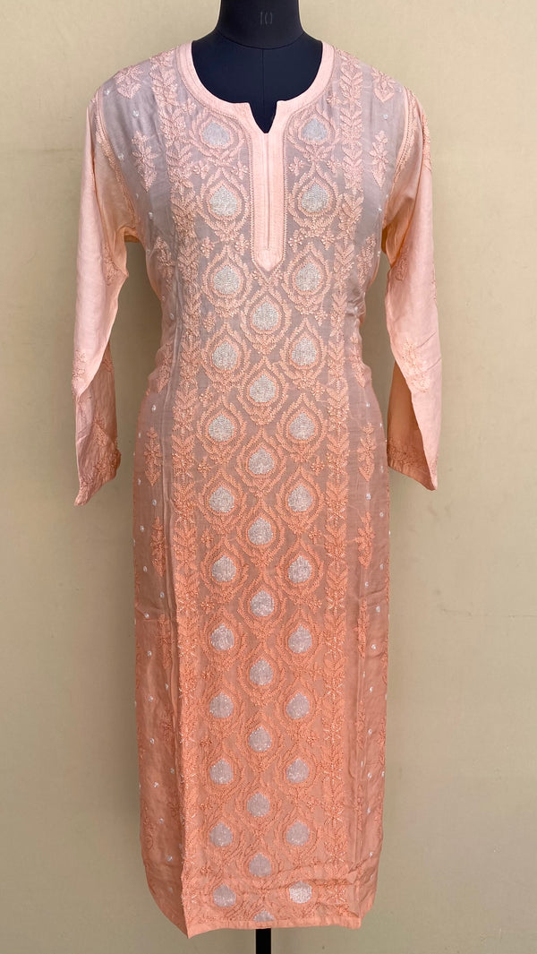 Lucknowi Chikankari Ombre Kurti Peach Muslin Cotton With Resham & Cutdana Work