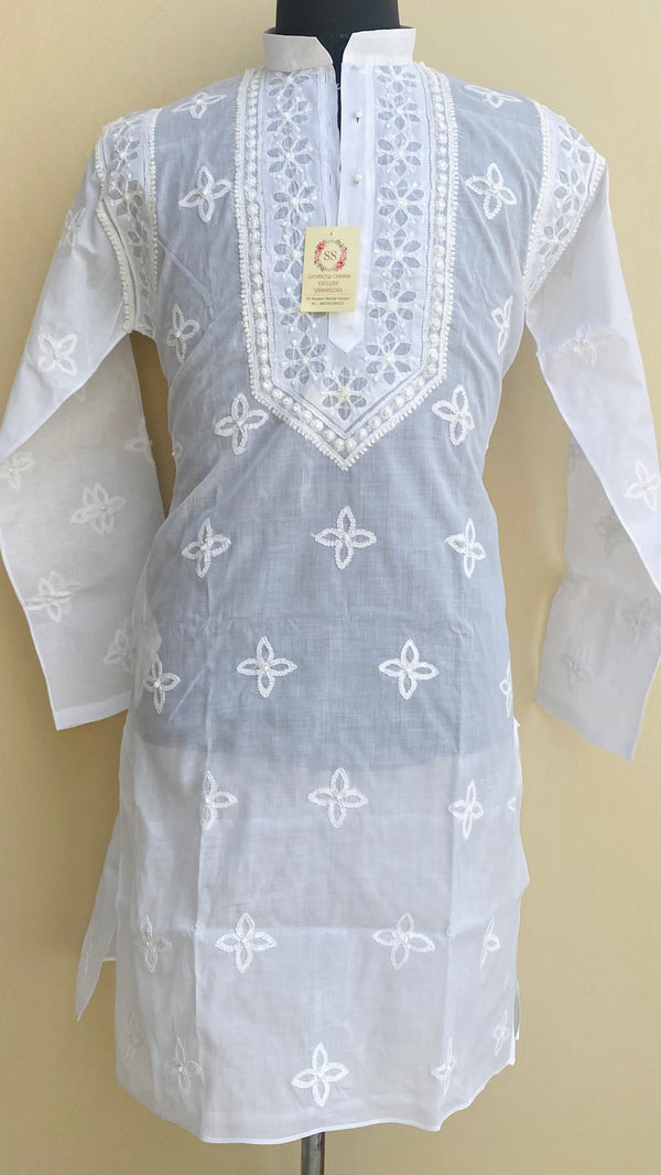 Lucknowi ChikanKari Men’s Kurta White Cotton With Applique Work