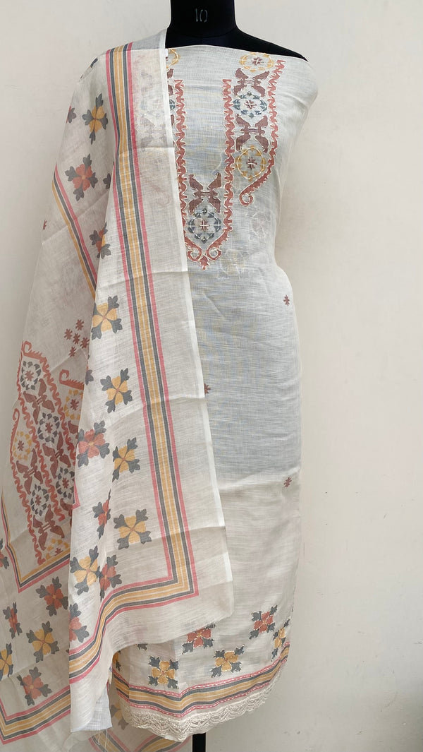 Designer Embroidered Suit Length 3 Piece Cream Linen With Sequence Work