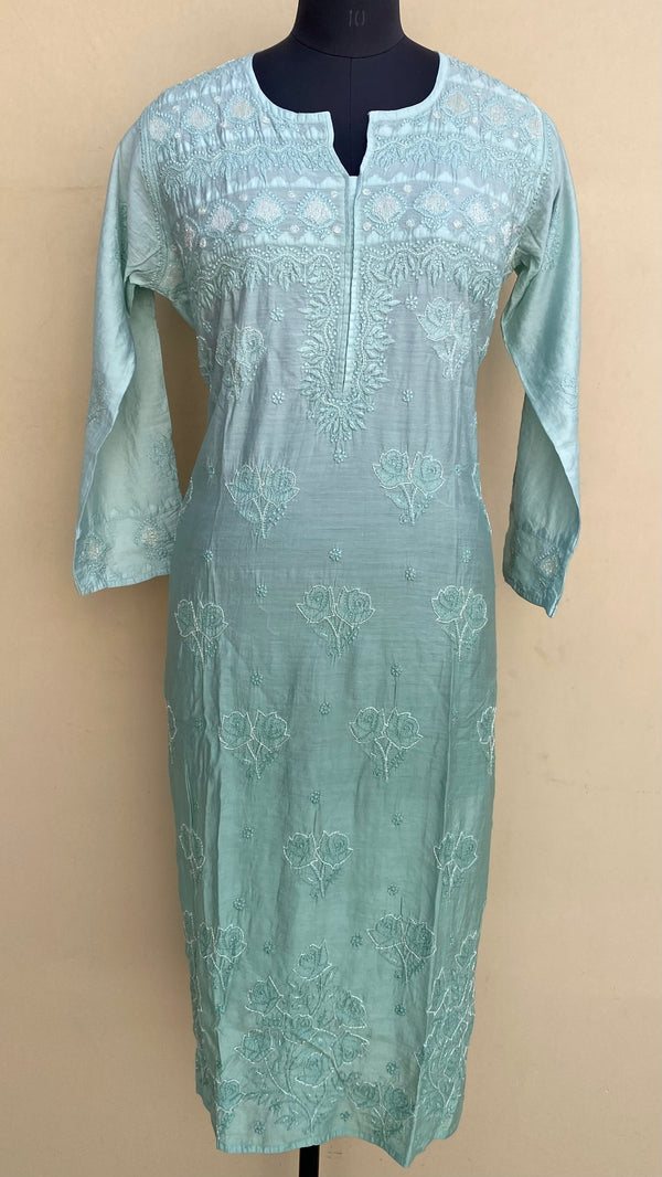 Lucknowi Chikankari Ombre Kurti Teal Green Muslin Cotton With Cutdana,Pearl, Resham & Applique Work