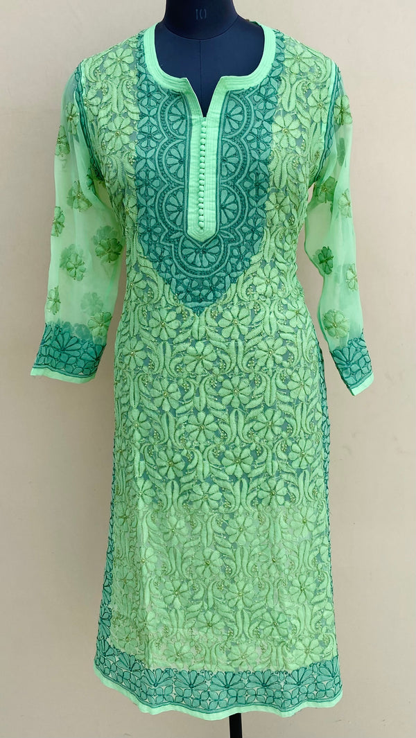 Lucknowi Chikankari Kurti Green Georgette With Resham Work