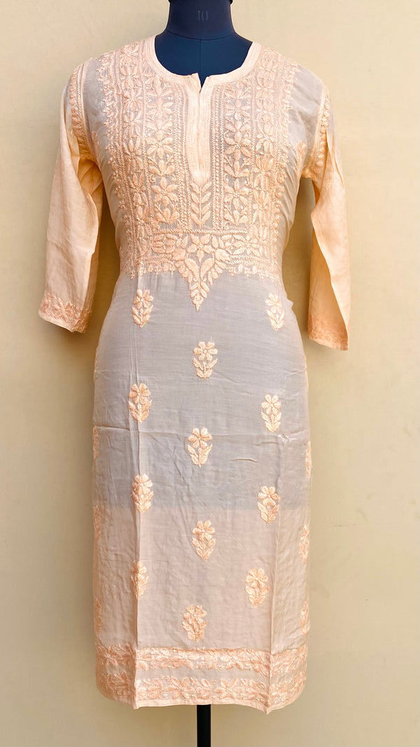 Lucknowi Chikankari Kurti Peach Muslin Cotton With Self 3D Work