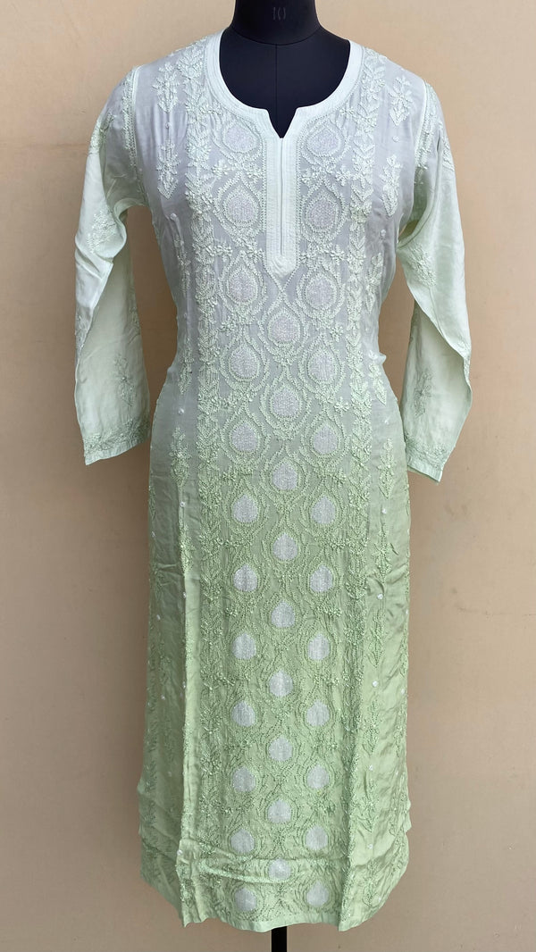 Lucknowi Chikankari Ombre Kurti Pista Green Muslin Cotton With Resham & Cutdana Work