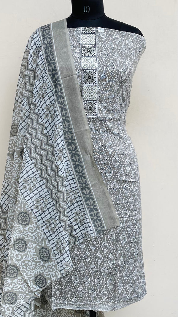 Designer Embroidered Suit Length 3 Piece Gray Mal Cotton With Sequence Work