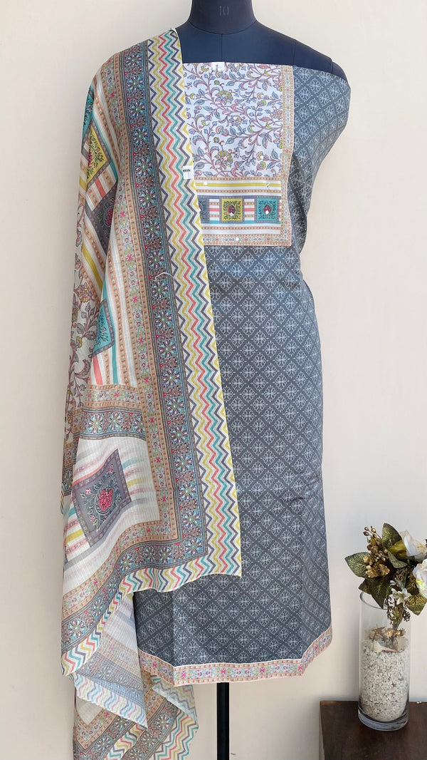 Designer Embroidered Suit Length 3 Piece Gray Muslin Cotton