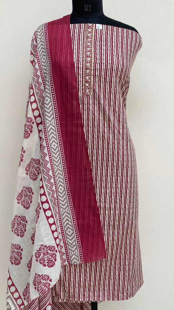 Designer Embroidered Suit Length 3 Piece Maroon Mal Cotton With Sequence & Cutdana Work