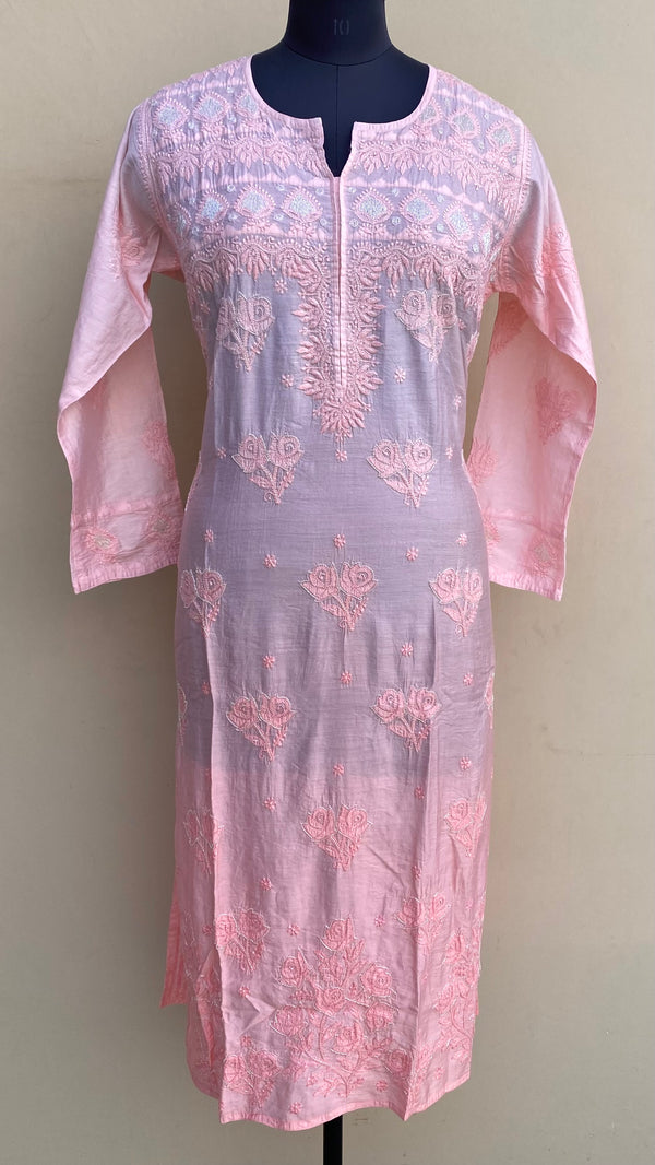 Lucknowi Chikankari Ombre Kurti Pink Muslin Cotton With Cutdana,Pearl, Resham & Applique Work