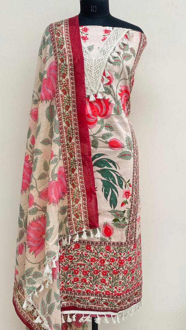 Designer Embroidered Suit Length 3 Piece Cream Mal Cotton With Mirror & Pearl Work