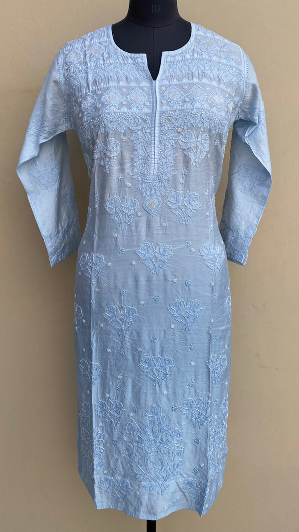 Lucknowi Chikankari Ombre Kurti Powder Blue Muslin Cotton With Cutdana,Pearl, Resham & Applique Work