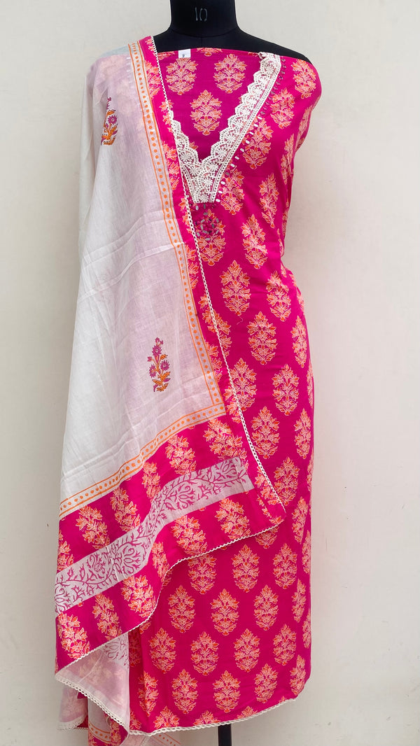 Designer Embroidered Suit Length 3 Piece Pink Mal Cotton With Mirror Work