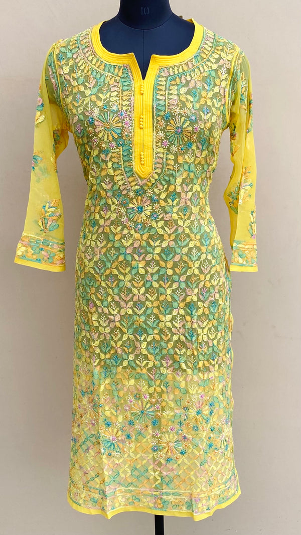 Lucknowi Chikankari Kurti Yellow Georgette With Resham Work