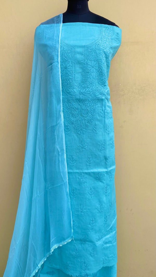 Lucknowi Chikankari Suit Length 3 Piece Blue Cotton