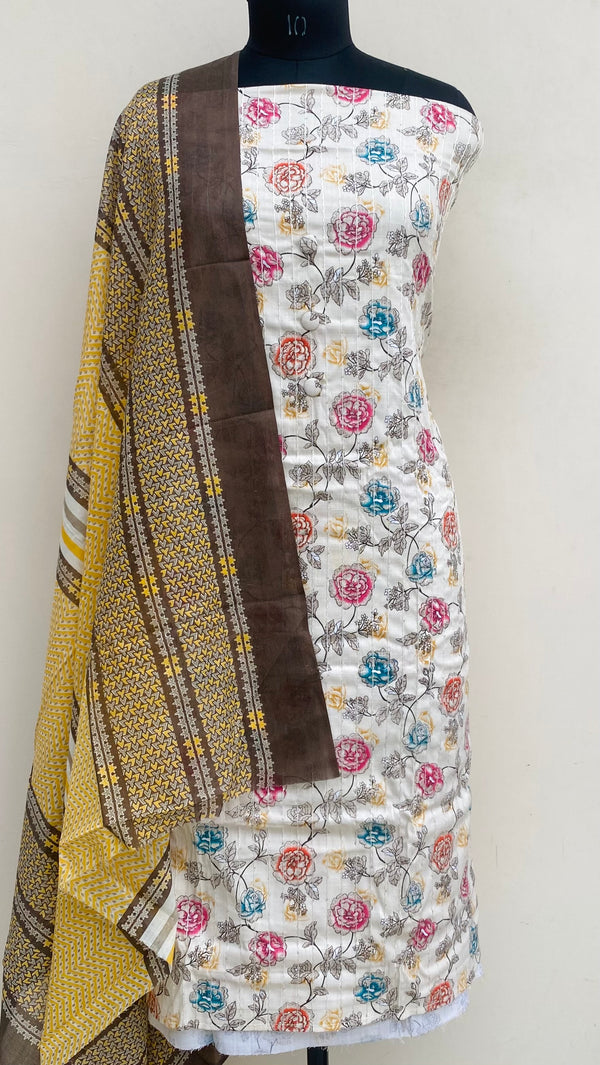 Designer Embroidered Suit Length 3 Piece Cream Mal Cotton With Sequence Work