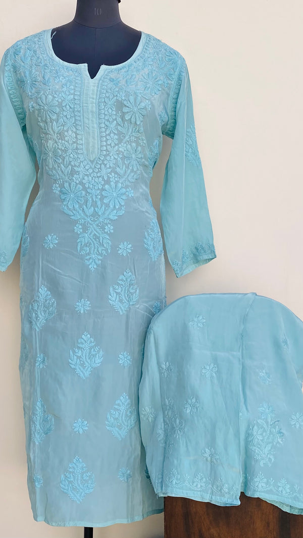Lucknowi Chikankari Co-ord Set Sea Green Organza With Self Work
