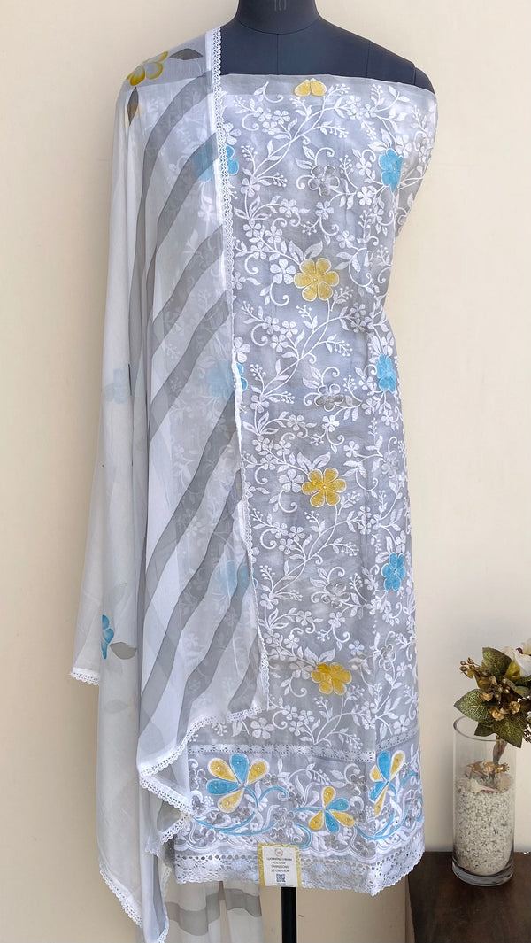 Designer Embroidered Suit Length 3 Piece Gray Mal Cotton