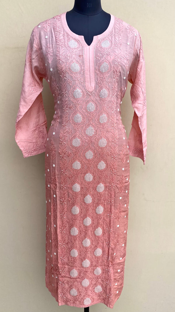 Lucknowi Chikankari Ombre Kurti Rose Pink Muslin Cotton With Resham & Cutdana Work