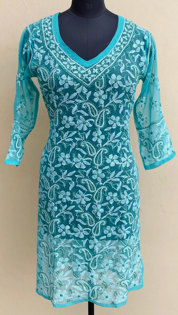 Lucknowi Chikankari Kurti Blue Georgette With Resham Work