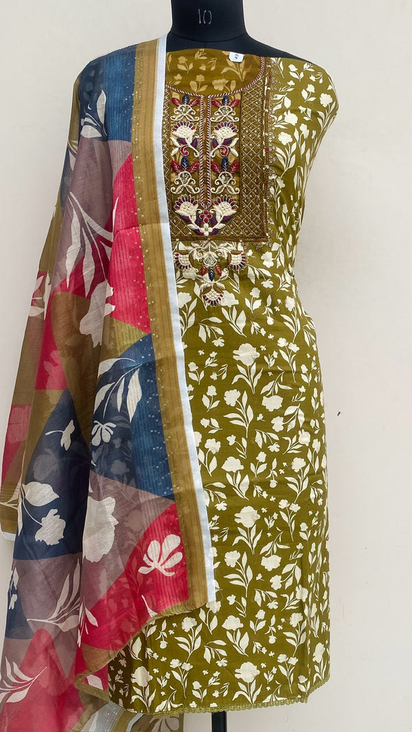 Designer Embroidered Suit Length 3 Piece Mehndi Green Mal Cotton With Sequence Work